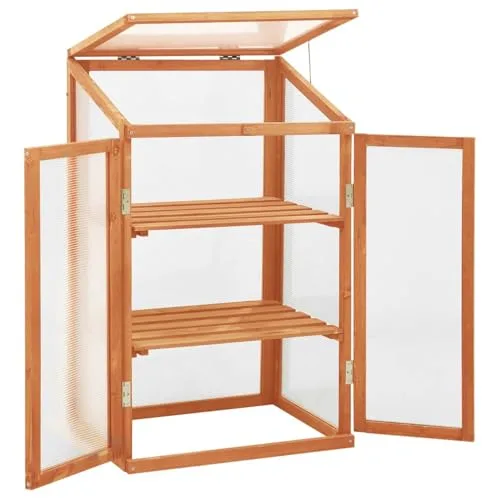Homgoday Holz-Gewächshaus 60x45x85/100 cm, stabil für Kräuter und Blumen, Schutz vor Kälte, mit Regalen, orange lackiert Pflanzhaus Model314848 – Bild 9