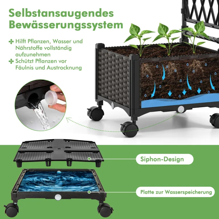 COSTWAY Blumenkasten mit Rankgitter & hängendem Dach, 2 in 1 Rosenbogen mit 2 Pflanzkästen, Gartenbogen auf Rollen, Metall und PP, Rankkasten mit Spalier für Kletterpflanzen, Gartenspalier (Braun) – Bild 4
