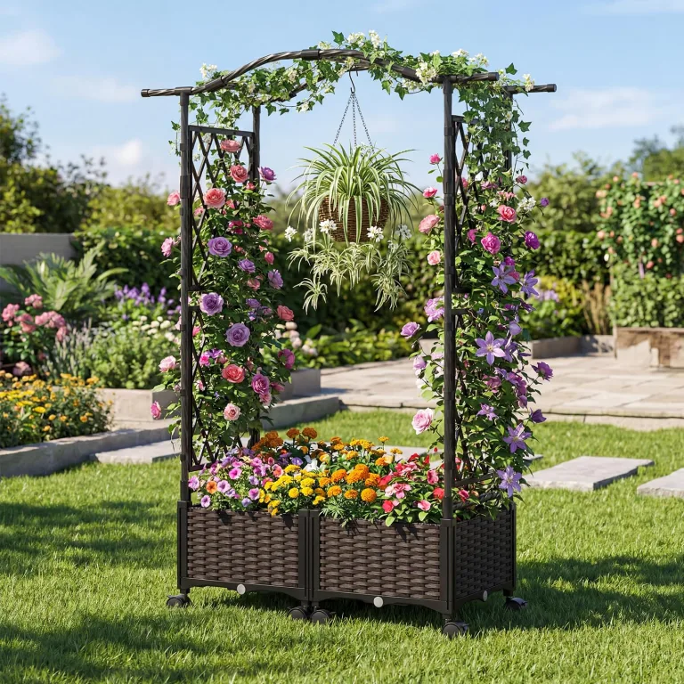 COSTWAY Blumenkasten mit Rankgitter & hängendem Dach, 2 in 1 Rosenbogen mit 2 Pflanzkästen, Gartenbogen auf Rollen, Metall und PP, Rankkasten mit Spalier für Kletterpflanzen, Gartenspalier (Braun) – Bild 8