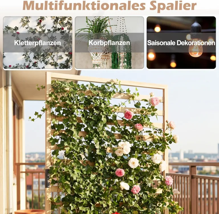 COSTWAY Blumenkasten mit Rankgitter, Pflanzkasten für Kletterpflanzen, Hochbeet mit Spalier, Liner & Entwässerung, Blumenkübel für Garten Balkon, Gartenspalier Rankkasten Holz, 90x35x150cm (Natur) – Bild 6
