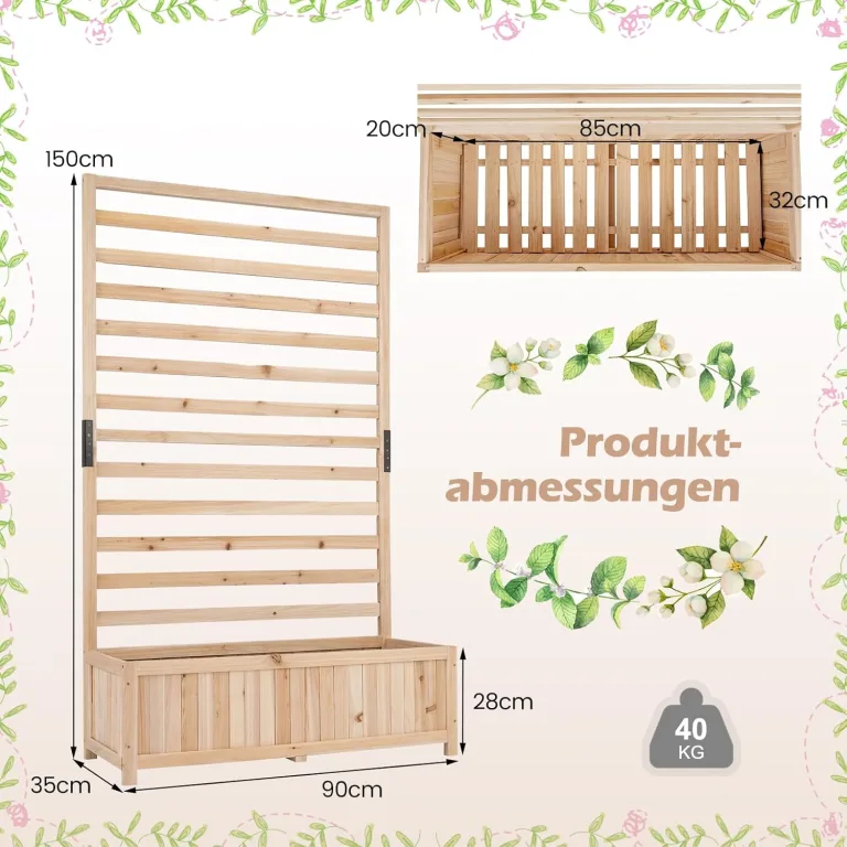 COSTWAY Blumenkasten mit Rankgitter, Pflanzkasten für Kletterpflanzen, Hochbeet mit Spalier, Liner & Entwässerung, Blumenkübel für Garten Balkon, Gartenspalier Rankkasten Holz, 90x35x150cm (Natur) – Bild 8