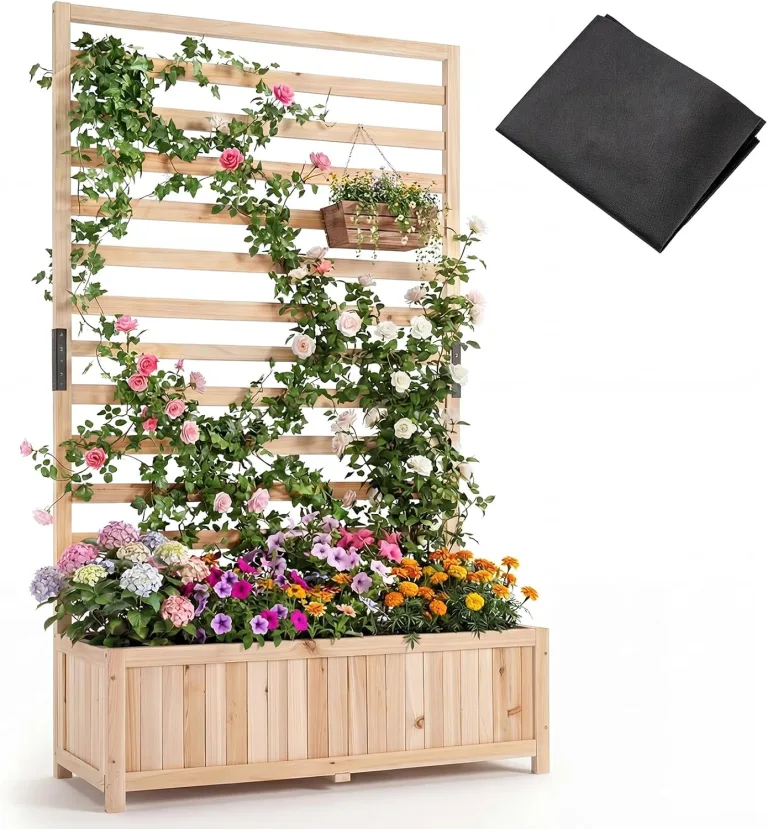 COSTWAY Blumenkasten mit Rankgitter, Pflanzkasten für Kletterpflanzen, Hochbeet mit Spalier, Liner & Entwässerung, Blumenkübel für Garten Balkon, Gartenspalier Rankkasten Holz, 90x35x150cm (Natur) – Bild 1