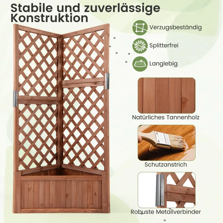 COSTWAY Blumenkasten mit Rankgitter, Pflanzkasten Eck aus Holz, Pflanzkübel mit Sichtschutz, Hochbeet mit Spalier & Drainageloch, Blumenkübel für Kletterpflanzen Garten Hof Balkon, 55x55x140 cm, Braun – Bild 5