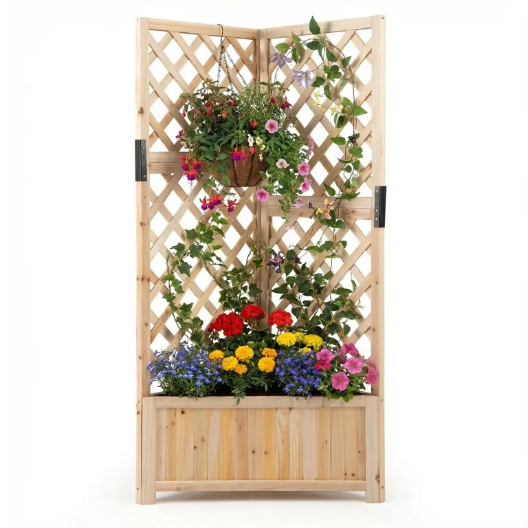 COSTWAY Blumenkasten mit Rankgitter, Pflanzkasten Eck aus Holz, Pflanzkübel mit Sichtschutz, Hochbeet mit Spalier & Drainageloch, Blumenkübel für Kletterpflanzen Garten Hof Balkon, 55x55x140 cm, Braun – Bild 10