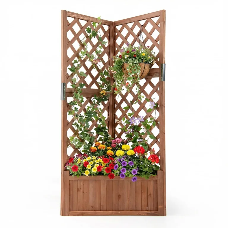 COSTWAY Blumenkasten mit Rankgitter, Pflanzkasten Eck aus Holz, Pflanzkübel mit Sichtschutz, Hochbeet mit Spalier & Drainageloch, Blumenkübel für Kletterpflanzen Garten Hof Balkon, 55x55x140 cm, Braun – Bild 1