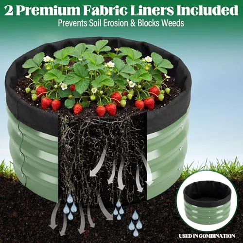 Rundes Hochbeet aus Metall, 2er Set, 60 x 60 x 30 cm, mit Pflanzvlies, Pflanzbeet für Blumen, Kräuter und Gemüse, für Balkon, Terrasse und Garten（Salbeigrün – Bild 10