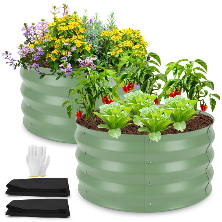 Rundes Hochbeet aus Metall, 2er Set, 60 x 60 x 30 cm, mit Pflanzvlies, Pflanzbeet für Blumen, Kräuter und Gemüse, für Balkon, Terrasse und Garten（Salbeigrün – Bild 1