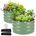 Rundes Hochbeet aus Metall, 2er Set, 60 x 60 x 30 cm, mit Pflanzvlies, Pflanzbeet für Blumen, Kräuter und Gemüse, für Balkon, Terrasse und Garten（Salbeigrün - Thumbnail 8
