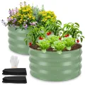 Rundes Hochbeet aus Metall, 2er Set, 60 x 60 x 30 cm, mit Pflanzvlies, Pflanzbeet für Blumen, Kräuter und Gemüse, für Balkon, Terrasse und Garten（Salbeigrün - Thumbnail 1