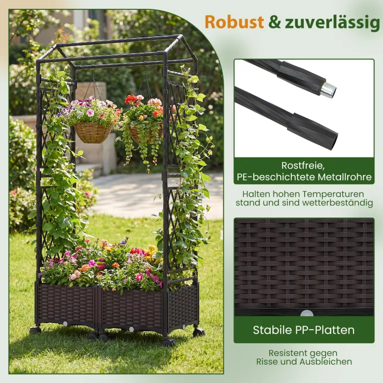 COSTWAY Blumenkasten mit Rankgitter & hängendem Dach, 163 cm, 2 in 1 Rosenbogen mit 2 Pflanzkästen, Gartenbogen auf Rollen, Metall & PP-Rattan, Rankkasten mit Spalier, für Kletterpflanzen (Braun) – Bild 6