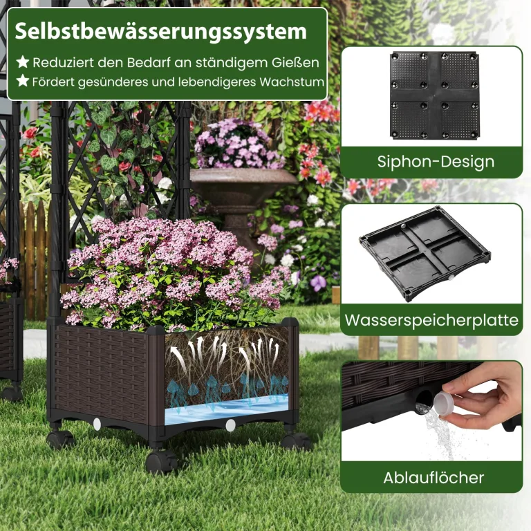COSTWAY Blumenkasten mit Rankgitter & hängendem Dach, 163 cm, 2 in 1 Rosenbogen mit 2 Pflanzkästen, Gartenbogen auf Rollen, Metall & PP-Rattan, Rankkasten mit Spalier, für Kletterpflanzen (Braun) – Bild 7