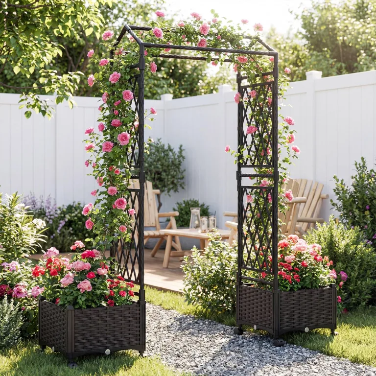 COSTWAY Blumenkasten mit Rankgitter & hängendem Dach, 163 cm, 2 in 1 Rosenbogen mit 2 Pflanzkästen, Gartenbogen auf Rollen, Metall & PP-Rattan, Rankkasten mit Spalier, für Kletterpflanzen (Braun) – Bild 8