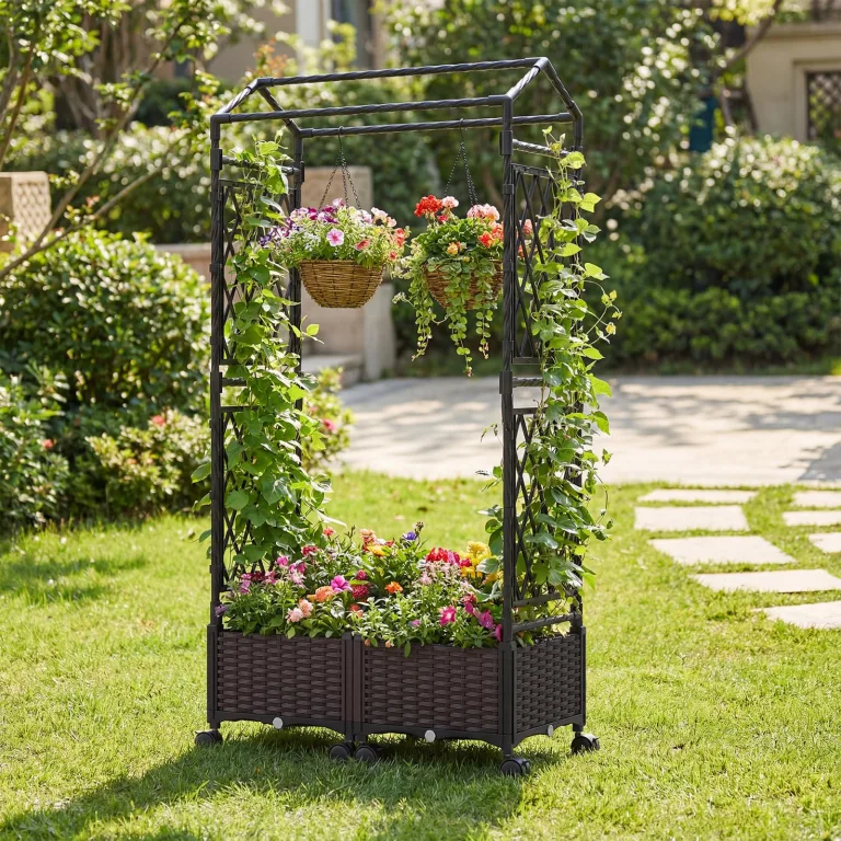 COSTWAY Blumenkasten mit Rankgitter & hängendem Dach, 163 cm, 2 in 1 Rosenbogen mit 2 Pflanzkästen, Gartenbogen auf Rollen, Metall & PP-Rattan, Rankkasten mit Spalier, für Kletterpflanzen (Braun) – Bild 9