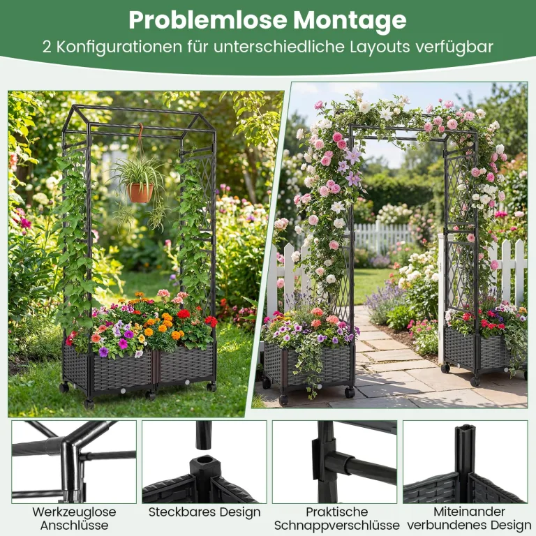 COSTWAY Blumenkasten mit Rankgitter & hängendem Dach, 163 cm, 2 in 1 Rosenbogen mit 2 Pflanzkästen, Gartenbogen auf Rollen, Metall & PP-Rattan, Rankkasten mit Spalier, für Kletterpflanzen (Grau) – Bild 3