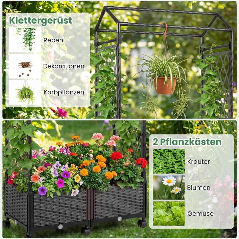 COSTWAY Blumenkasten mit Rankgitter & hängendem Dach, 163 cm, 2 in 1 Rosenbogen mit 2 Pflanzkästen, Gartenbogen auf Rollen, Metall & PP-Rattan, Rankkasten mit Spalier, für Kletterpflanzen (Grau) – Bild 4
