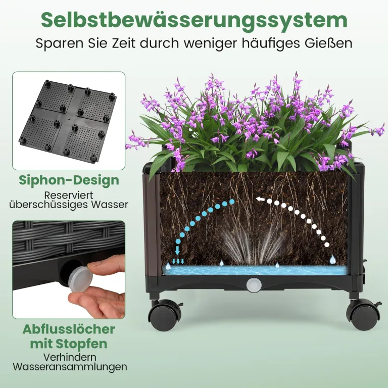 COSTWAY Blumenkasten mit Rankgitter & hängendem Dach, 163 cm, 2 in 1 Rosenbogen mit 2 Pflanzkästen, Gartenbogen auf Rollen, Metall & PP-Rattan, Rankkasten mit Spalier, für Kletterpflanzen (Grau) – Bild 5