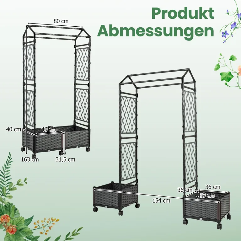 COSTWAY Blumenkasten mit Rankgitter & hängendem Dach, 163 cm, 2 in 1 Rosenbogen mit 2 Pflanzkästen, Gartenbogen auf Rollen, Metall & PP-Rattan, Rankkasten mit Spalier, für Kletterpflanzen (Grau) – Bild 6