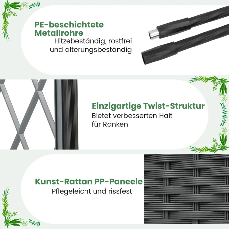 COSTWAY Blumenkasten mit Rankgitter & hängendem Dach, 163 cm, 2 in 1 Rosenbogen mit 2 Pflanzkästen, Gartenbogen auf Rollen, Metall & PP-Rattan, Rankkasten mit Spalier, für Kletterpflanzen (Grau) – Bild 8