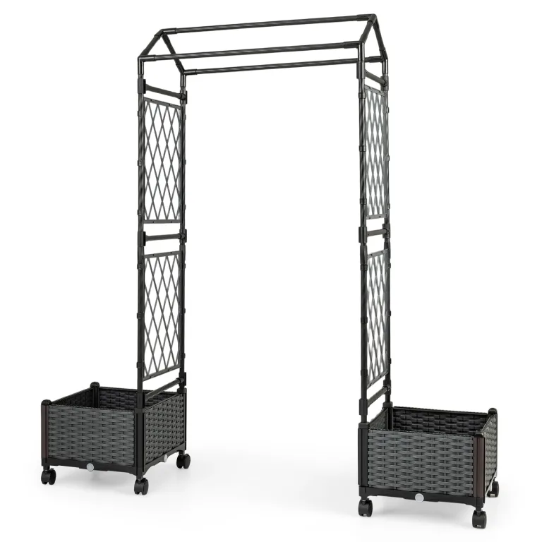 COSTWAY Blumenkasten mit Rankgitter & hängendem Dach, 163 cm, 2 in 1 Rosenbogen mit 2 Pflanzkästen, Gartenbogen auf Rollen, Metall & PP-Rattan, Rankkasten mit Spalier, für Kletterpflanzen (Grau) – Bild 9
