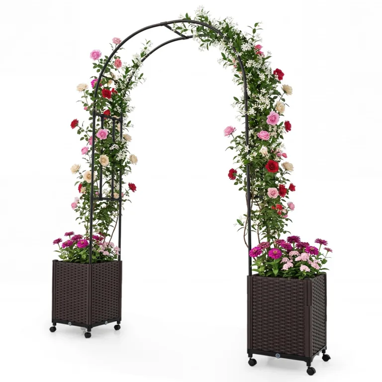 COSTWAY Blumenkasten mit Rankgitter & hängendem Dach, 163 cm, 2 in 1 Rosenbogen mit 2 Pflanzkästen, Gartenbogen auf Rollen, Metall & PP-Rattan, Rankkasten mit Spalier, für Kletterpflanzen (Grau) – Bild 10