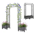 COSTWAY Blumenkasten mit Rankgitter & hängendem Dach, 163 cm, 2 in 1 Rosenbogen mit 2 Pflanzkästen, Gartenbogen auf Rollen, Metall & PP-Rattan, Rankkasten mit Spalier, für Kletterpflanzen (Grau) - Thumbnail 1