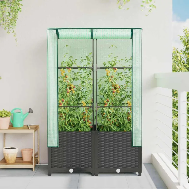Hochbeet Gewächshaus 80x40x138 cm Schwarz Rattanoptik, Raised Garden Box mit Eisenrohr PE-Schutzplane Tomatenhaus Balkon Terrasse Garten – Bild 3