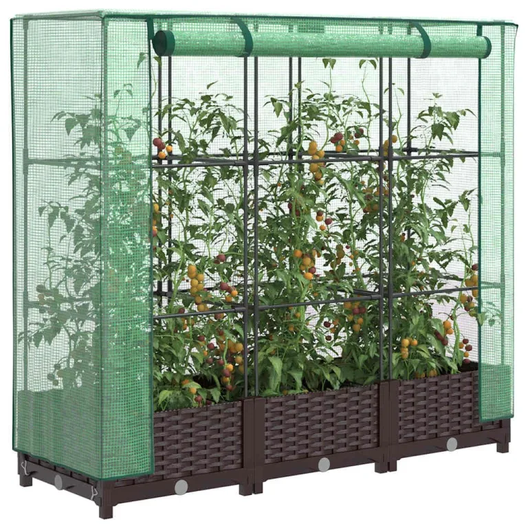 Hochbeet m. Gewächshausaufsatz 120x40x123 cm, Rattan-Optik Braun, Eisenrahmen, wetterfestes PP-Beet & PE-Haube, Belüftung, Balkon Terrasse – Bild 1