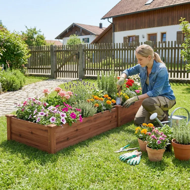 COSTWAY Hochbeet Gartenbeet Holz, 240 x 60 x 25 cm, Pflanzkasten für Gemüse, Blumen, Kräuter, Früchte, Blumenkasten Blumenbeet Kräuterbeet Pflanzbeet, für Hinterhof, Garten, Rasen (Braun) – Bild 2