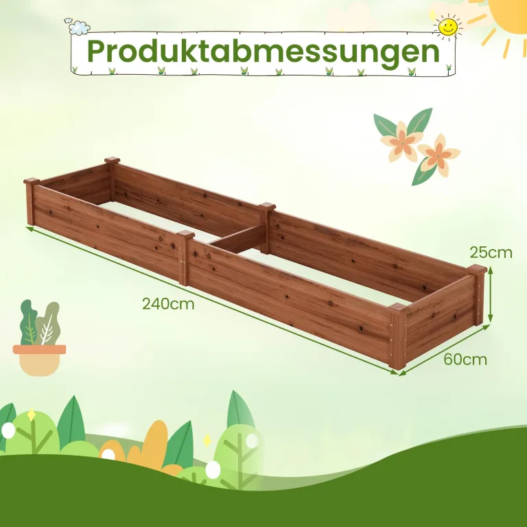 COSTWAY Hochbeet Gartenbeet Holz, 240 x 60 x 25 cm, Pflanzkasten für Gemüse, Blumen, Kräuter, Früchte, Blumenkasten Blumenbeet Kräuterbeet Pflanzbeet, für Hinterhof, Garten, Rasen (Braun) – Bild 3