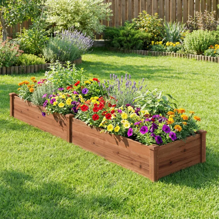 COSTWAY Hochbeet Gartenbeet Holz, 240 x 60 x 25 cm, Pflanzkasten für Gemüse, Blumen, Kräuter, Früchte, Blumenkasten Blumenbeet Kräuterbeet Pflanzbeet, für Hinterhof, Garten, Rasen (Braun) – Bild 9