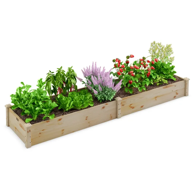 COSTWAY Hochbeet Gartenbeet Holz, 240 x 60 x 25 cm, Pflanzkasten für Gemüse, Blumen, Kräuter, Früchte, Blumenkasten Blumenbeet Kräuterbeet Pflanzbeet, für Hinterhof, Garten, Rasen (Braun) – Bild 10