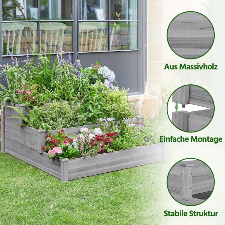 Yaheetech 3 Stufiges Hochbeet Holz Balkon Garten Kräuterbeet Frühbeet Gartenbeet Pflanzenbeet Stufenbeet Blumentreppe stapelbar 120 x 120 x 56cm Grau – Bild 7
