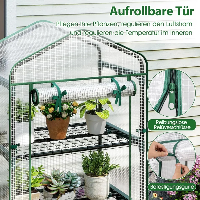 COSTWAY Gewächshaus klein, Mini Tomatengewächshaus mit 5 Regalböden aus Metall, Foliengewächshaus Winterfest für Terrasse, Balkon & Garten, 69 x 48 x 190 cm (Grün) – Bild 5