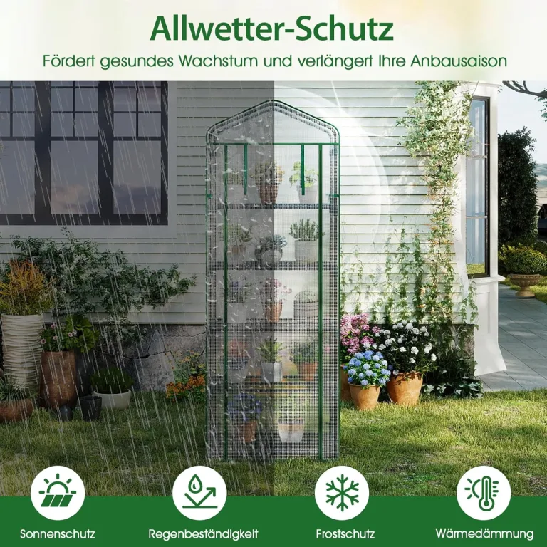 COSTWAY Gewächshaus klein, Mini Tomatengewächshaus mit 5 Regalböden aus Metall, Foliengewächshaus Winterfest für Terrasse, Balkon & Garten, 69 x 48 x 190 cm (Grün) – Bild 7
