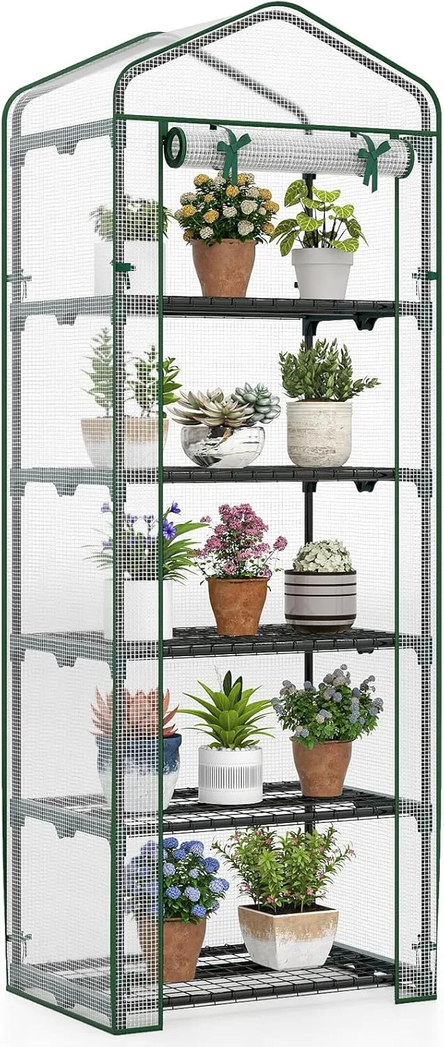 COSTWAY Gewächshaus klein, Mini Tomatengewächshaus mit 5 Regalböden aus Metall, Foliengewächshaus Winterfest für Terrasse, Balkon & Garten, 69 x 48 x 190 cm (Grün) – Bild 1