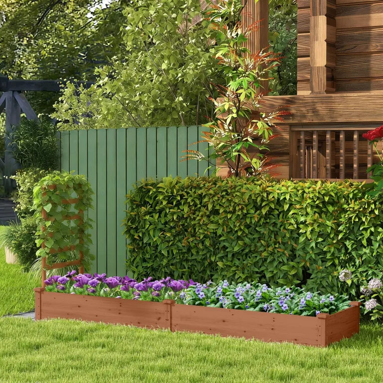 COSTWAY Hochbeet mit Rankgitter, Blumenkasten mit Spalier, Pflanzkasten Tannenholz, Gartenspalier mit Rankkasten, Blumenkübel für Kletterpflanze Balkon Garten Terrasse, 235x63x102 cm (Braun) – Bild 9