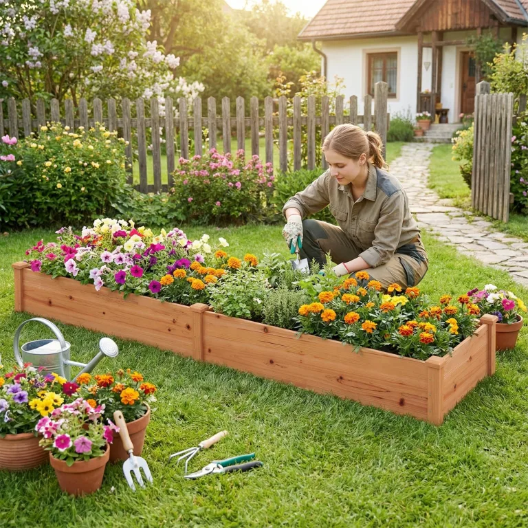 COSTWAY Hochbeet Gartenbeet Holz, 240 x 60 x 25 cm, Pflanzkasten für Gemüse, Blumen, Kräuter, Früchte, Blumenkasten Blumenbeet Kräuterbeet Pflanzbeet, für Hinterhof, Garten, Rasen (Orange) – Bild 2