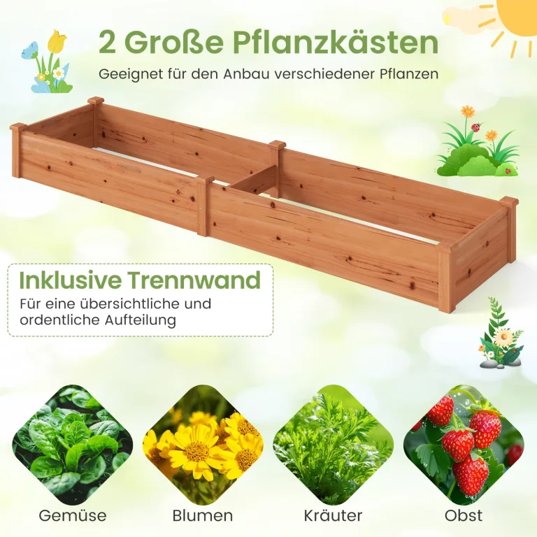 COSTWAY Hochbeet Gartenbeet Holz, 240 x 60 x 25 cm, Pflanzkasten für Gemüse, Blumen, Kräuter, Früchte, Blumenkasten Blumenbeet Kräuterbeet Pflanzbeet, für Hinterhof, Garten, Rasen (Orange) – Bild 6