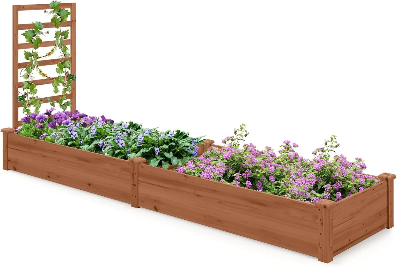 FANTASK Hochbeet mit Spalier, 235 x 63 x 102 cm, Gartenbeet Tannenholz mit Spalier für Kletterpflanze, Pflanzbeet mit Rankgitter, Blumenkübel für Balkon, Garten & Terrasse (Braun) - Bild 1