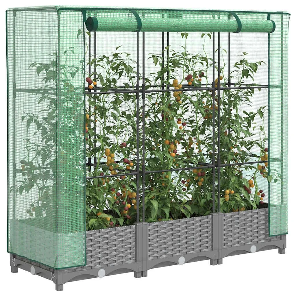 Hochbeet mit Gewächshaus-Aufsatz in Rattan-Optik, 120x40x123 cm, Hellgrau, für Garten, Balkon, Gemüse, Kräuter und Blumen - Bild 1