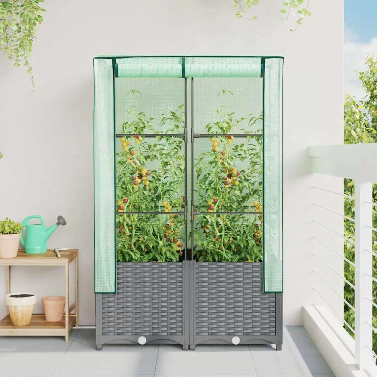 Hochbeet mit Gewächshaus-Aufsatz, Rattan-Optik Hellgrau, 80x40x138 cm PP Eisenrohr, Stabiler Pflanzkasten für Gartenbeete & Gartenarbeit Outdoor, schützt Pflanzen – Bild 3