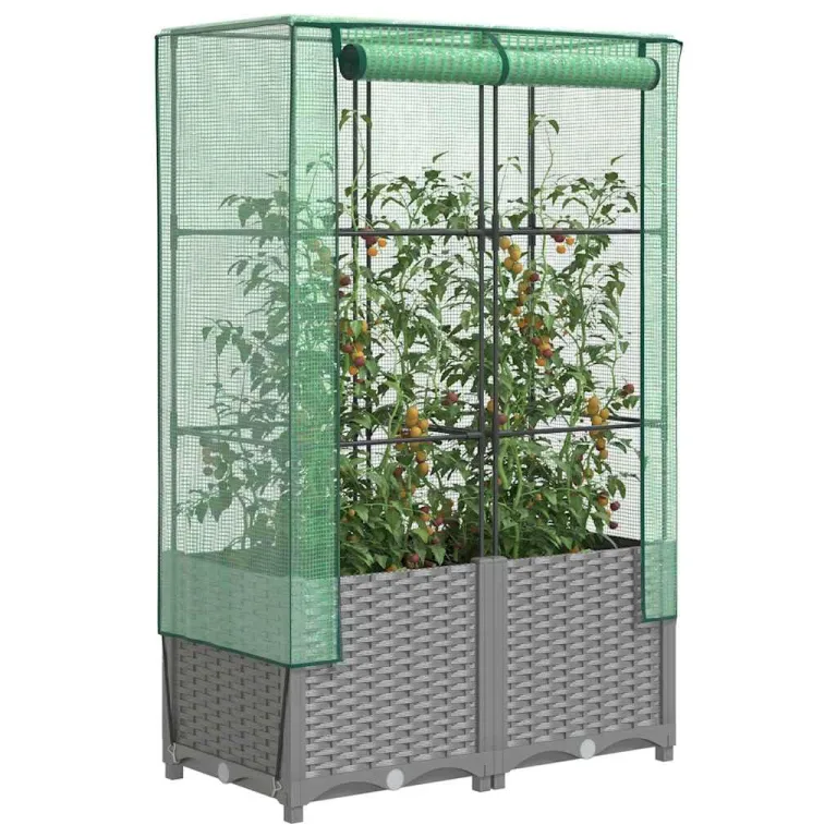 Hochbeet mit Gewächshaus-Aufsatz, Rattan-Optik Hellgrau, 80x40x138 cm PP Eisenrohr, Stabiler Pflanzkasten für Gartenbeete & Gartenarbeit Outdoor, schützt Pflanzen – Bild 1