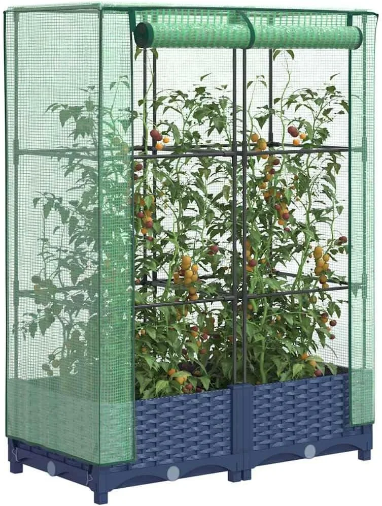 Hochbeet mit Gewächshaus-Aufsatz Rattan-Optik, 80x40x123 cm, Stabiler Pflanzkasten aus PP für Gartenbeet Outdoor, schützt Pflanzen Gemüse Kräuter Blumen ideal als Frühbeet Tomatenhaus