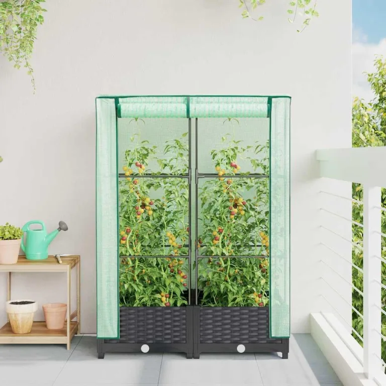 Hochbeet mit Gewächshaus-Aufsatz, Rattan-Optik Schwarz, 80x40x123 cm, Stabiler Eisenrahmen, Pflanzkasten für Garten & Balkon, Frühbeet mit PE-Abdeckung für optimales Wachstum – Bild 4