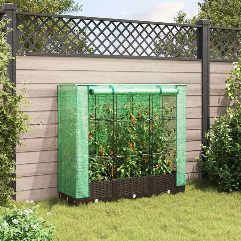 Hochbeet mit Gewächshaus-Aufsatz, Rattan-Optik, 120x40x123 cm, Braun, Polypropylen, für Garten, Balkon, Gemüse, Kräuter – Bild 3