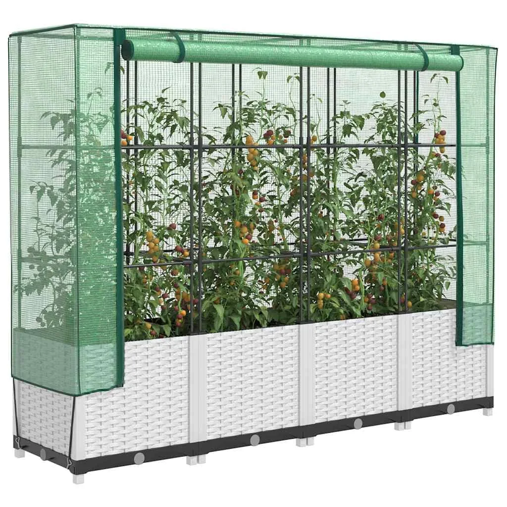 Hochbeet mit Gewächshaus-Aufsatz Rattan-Optik 160x40x138 cm, Weißer PP Pflanzkasten für Gartenbeet, robuste Hochbeete für Blumenbeet & Gartenbox zum Pflanzen Anbau & Schutz - Bild 1