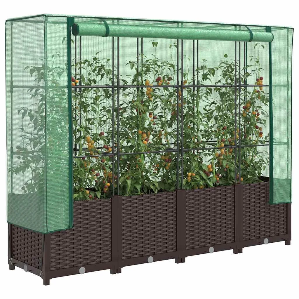 Hochbeet mit Gewächshaus-Aufsatz, Rattan-Optik, 160x40x138 cm, Stabiler Pflanzkasten Outdoor aus PP und Eisen für Gartenbeet, Frühbeet und Blumenbeet - Bild 1