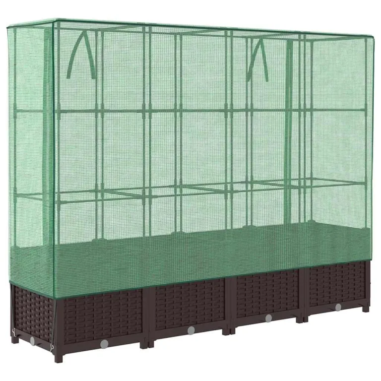 Hochbeet mit Gewächshaus-Aufsatz, Rattan-Optik, 160x40x138 cm, Stabiler Pflanzkasten Outdoor aus PP und Eisen für Gartenbeet, Frühbeet und Blumenbeet – Bild 6