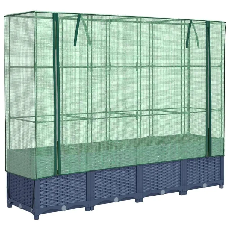 Hochbeet Rattanoptik Blaugrau, 160x40x138 cm, mit Eisenrohrrahmen und wasserfester PE-Gewächshausabdeckung, für Garten, Terrasse, Balkon, schützt Pflanzen, Gemüse, Kräuter – Bild 2