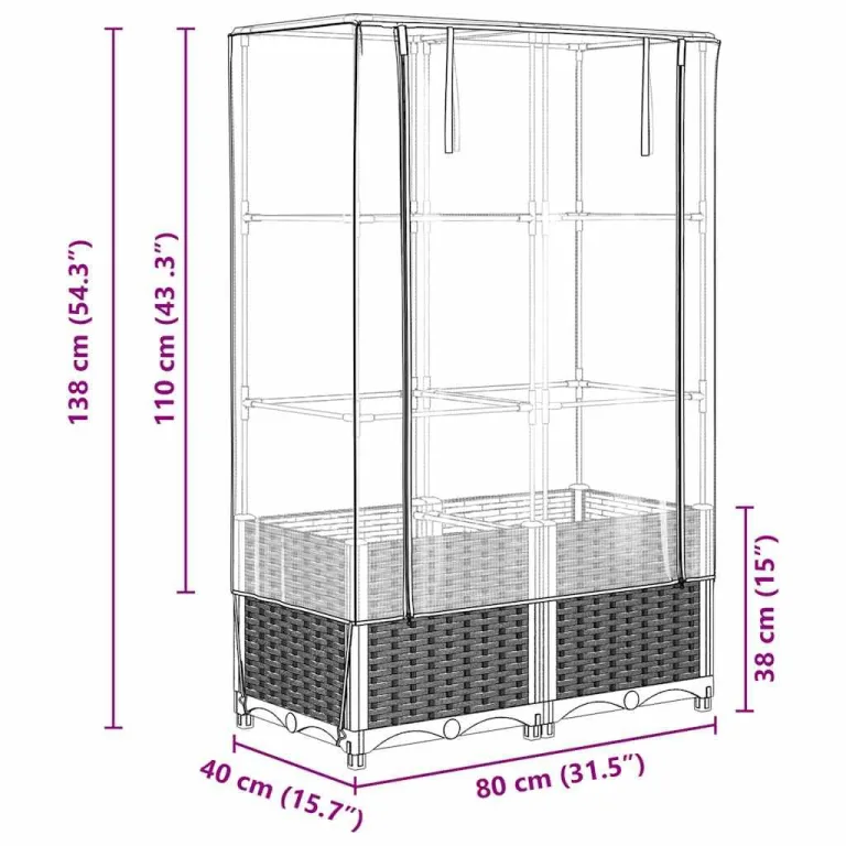 Hochbeet mit Gewächshaus-Aufsatz, Rattan-Optik Blaugrau, 80x40x138 cm, Stabiler Eisenrahmen für Pflanzen, Gemüse, Kräuter, Blumen, Garten, Balkon – Bild 9